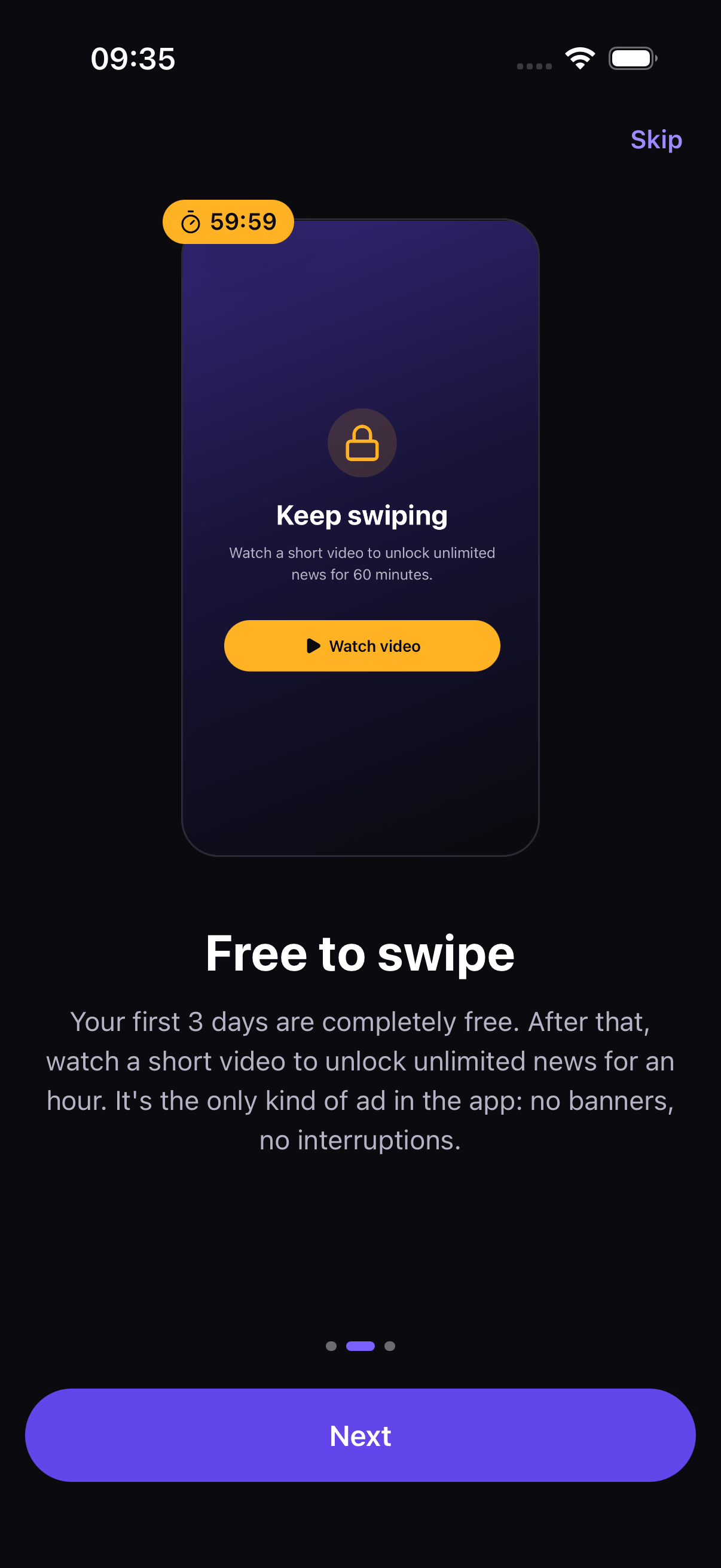 SwipelyNews app screenshot (English interface)